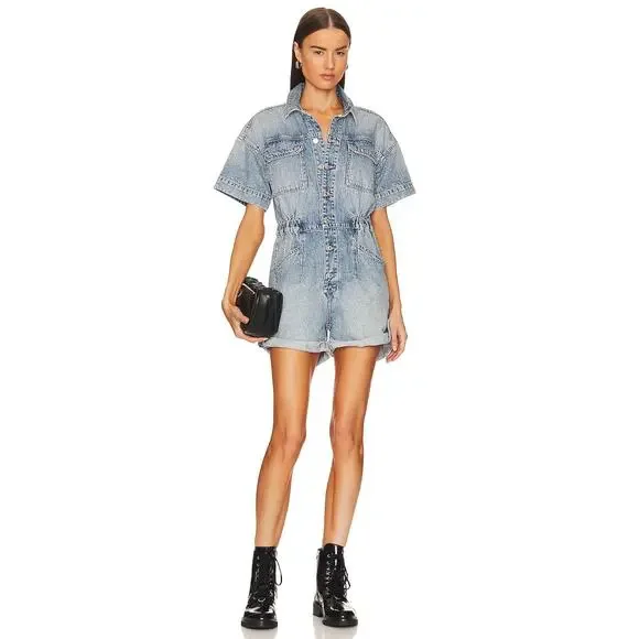 Free People Women’s Marci Denim Cuffed Shortall Size Medium - Picture 10 of 10